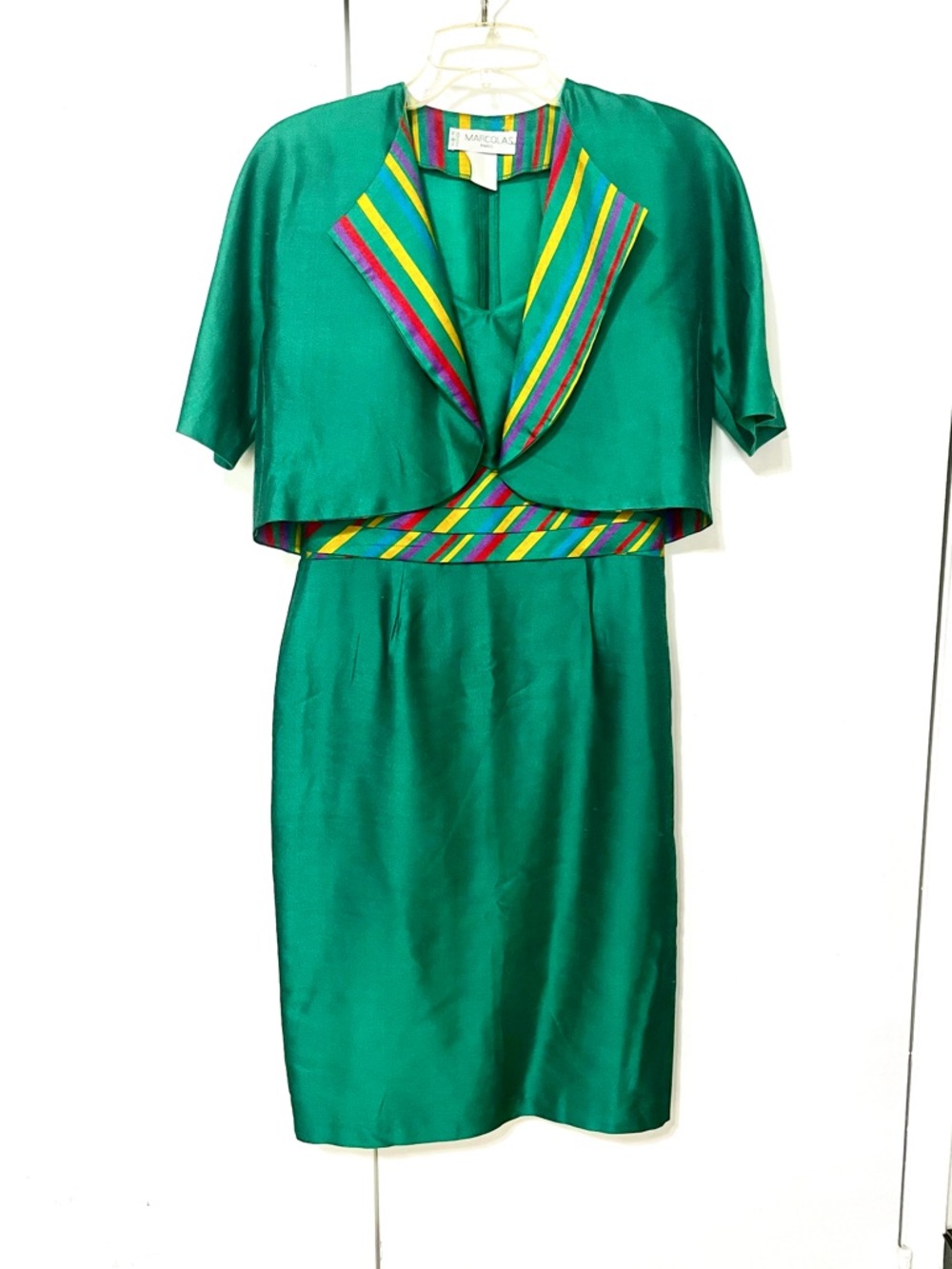 Vintage Silk Marcolas Paris Emerald Rainbow Wiggle Dress and Jacket Set